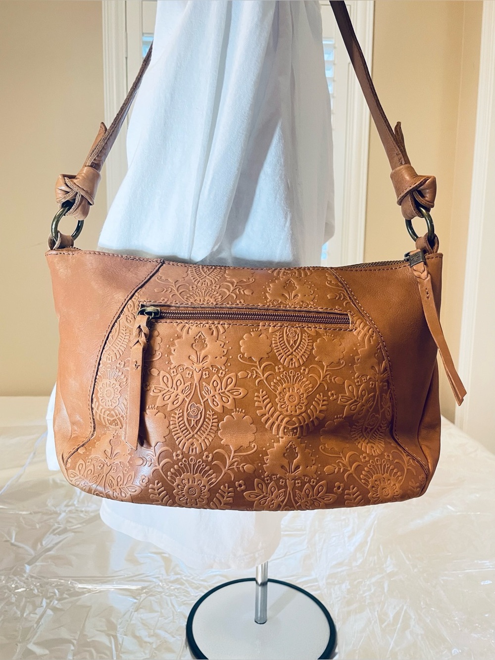 “The Sak” Embossed Tan Brown Leather Hobo/Shoulder HandBag with a Boho Pattern